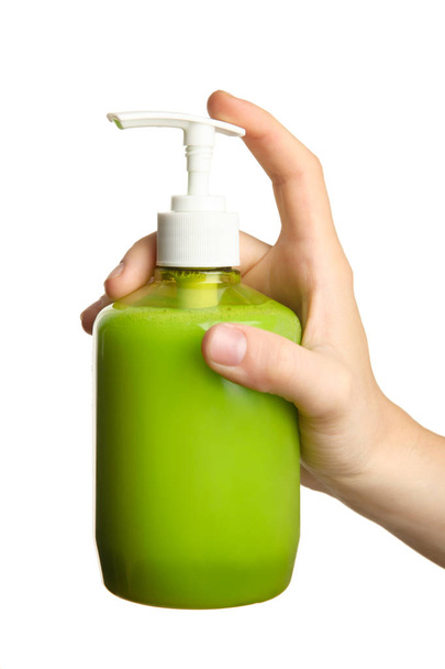 Jabón líquido verde para manos aisladas en blanco. Higiene conceptual
. - Foto, Imagen