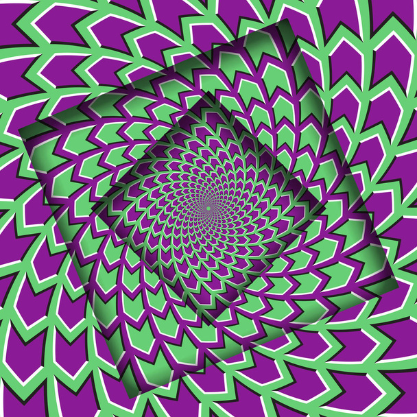abstrakte gedrechselte Rahmen mit einem rotierenden grün-violetten Pfeilemuster. Hintergrund der optischen Täuschung. - Vektor, Bild