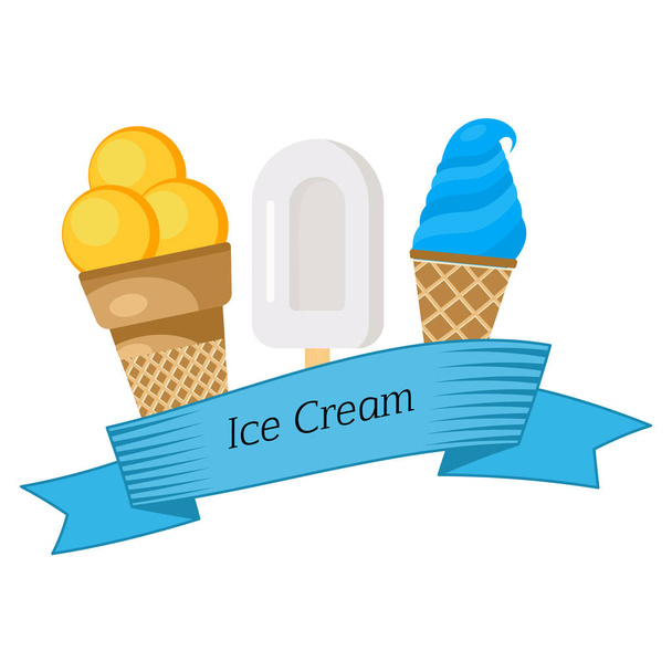 Три разных мороженых, завернутых в голубую ленту
 - Вектор,изображение