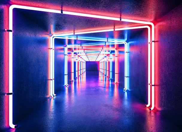 perspectiva decreciente vista del corredor iluminado por neón
  - Foto, imagen