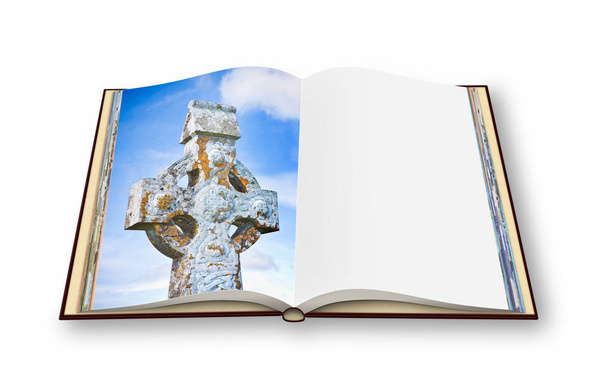 3D render of an opened photobook isolated on white background with celtic carved stone cross  - Photo, Image