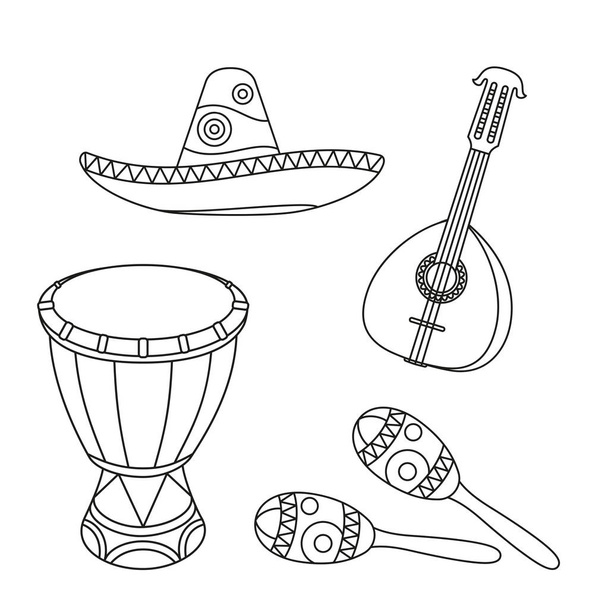 Line art black and white mexican music set. - Διάνυσμα, εικόνα