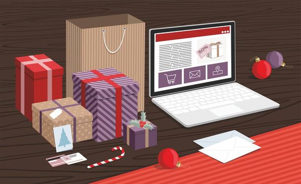 Merry Christmas and Happy New Year. Gift boxes and shopping bags with notebook on table.  - Vector, Image