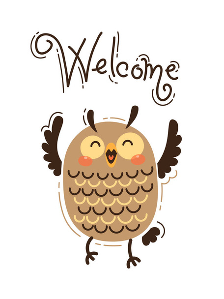 A happy owl greets Welcome. Vector illustration in cartoon style - Vektori, kuva
