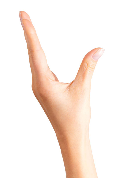Mulher mão mostrando pegar pose ou segurando
 - Foto, Imagem