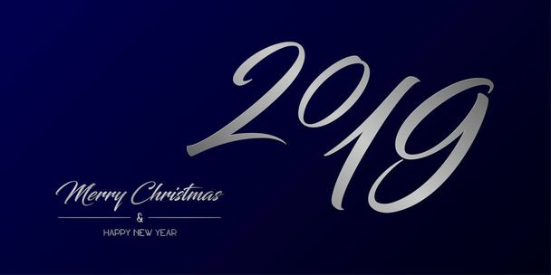 Illustration vectorielle de carte de vœux large avec argent Joyeux Noël et Bonne Année et numéro 2019 sur fond bleu foncé
 - Vecteur, image