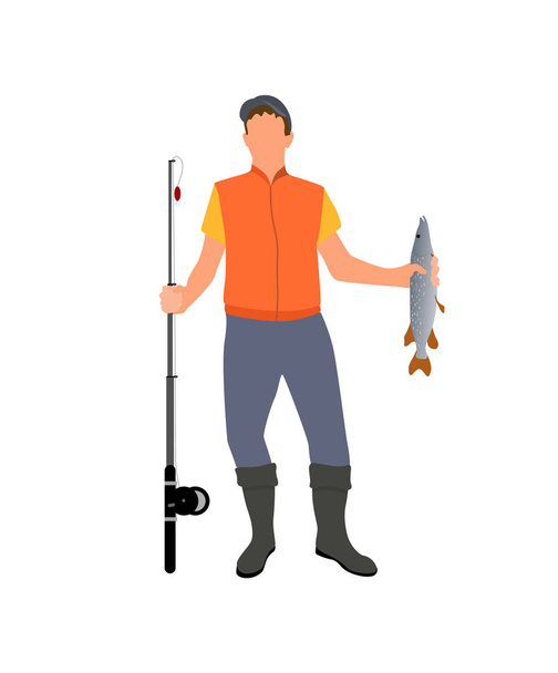 Adult Man with Catched Fish Isolated on White - Vector, imagen