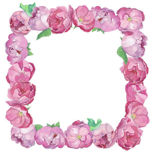 Watercolor hand drawn Peones and roses in shape of square frame on white background. Just add your text. - Photo, Image