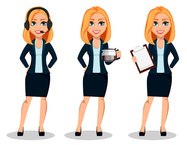オフィス スタイルの服、ビジネス ・ ウーマンは、3 つのポーズのセット。ヘッドセット、持ち株コーヒー鍋およびクリップボードに保持を身に着けている現代の女性実業家。陽気な漫画のキャラクター。ベクトル図 - ベクター画像