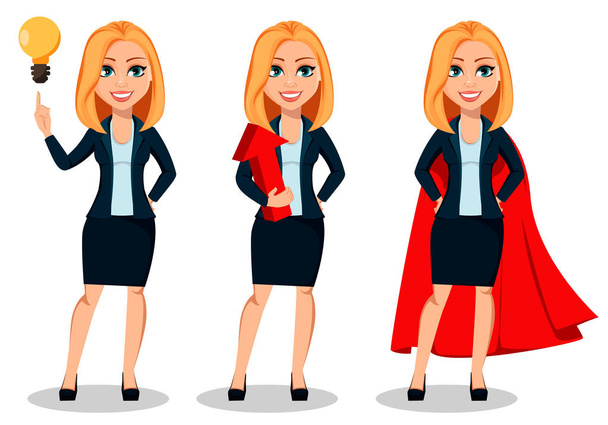 Business woman in office style clothes, set of three poses. Modern lady businesswoman having a good idea, holding red arrow and wearing red cloak. Cheerful cartoon character. Vector illustration - Vector, Image
