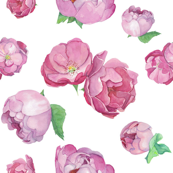 Watercolor hand-drawn flowers pink roses and peonies on seamless texture. Design for backgrounds, wallpapers, invitation cards, and wrapping. - Foto, imagen