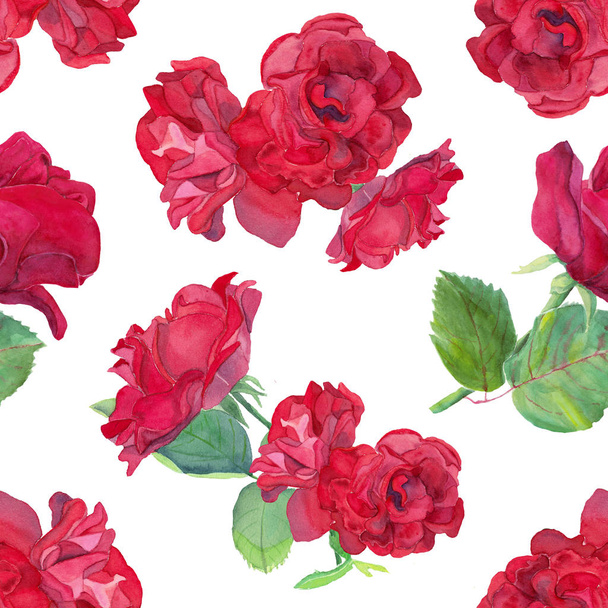 Seamless pattern of watercolor hand drawn red roses and leaves. Design for  backgrounds, wallpapers, covers and packaging. - Foto, immagini