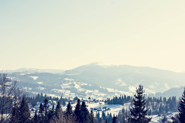 Winterberglandschaft. Berge im Schnee. der erste Schnee in den Bergen. Dämmerung auf der Bergwiese mit erstem Frost in den Karpaten. - Foto, Bild