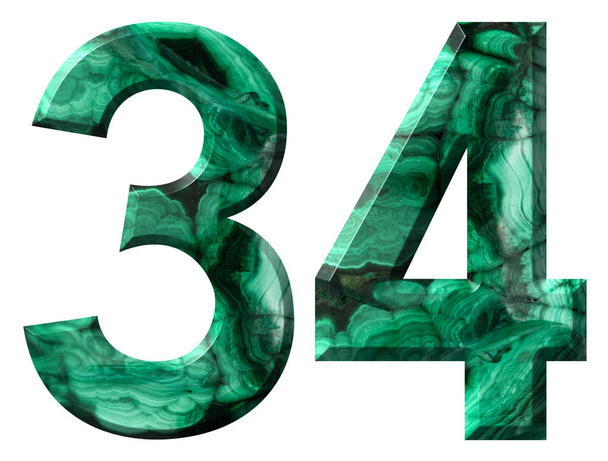 Arabic numeral 34, thirty four, from natural green malachite, isolated on white background - Photo, Image