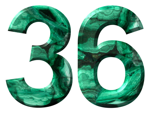 Número arábigo 36, treinta y seis, de malaquita verde natural, aislada sobre fondo blanco
 - Foto, imagen