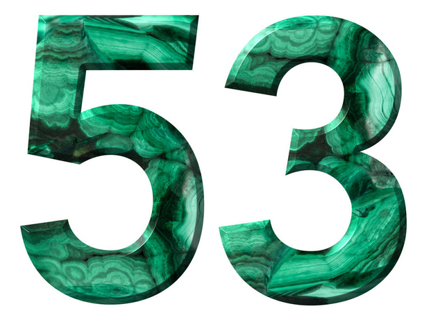 Chiffre arabe 53, cinquante-trois, de malachite naturelle verte, isolé sur fond blanc
 - Photo, image