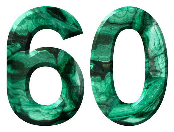 Arabisch cijfer 60, zestig, uit natuurlijke groen Malachiet, geïsoleerd op witte achtergrond - Foto, afbeelding