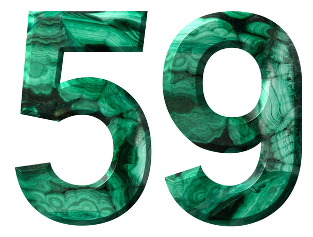 Арабская цифра 59, пятьдесят девять, из натурального зеленого малахита, выделенного на белом фоне
 - Фото, изображение