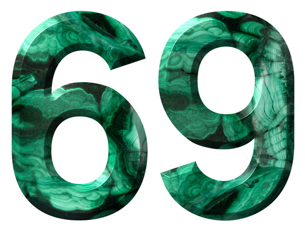 Arabic numeral 69, sixty nine, from natural green malachite, isolated on white background - Photo, Image