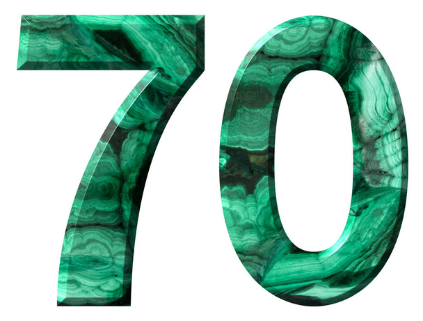 Arabisch cijfer 70, zeventig, uit natuurlijke groen Malachiet, geïsoleerd op witte achtergrond - Foto, afbeelding