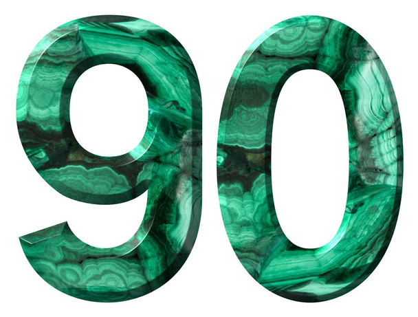 Арабская цифра 90, 99, 9, из натурального зеленого малахита, выделенного на белом фоне
 - Фото, изображение