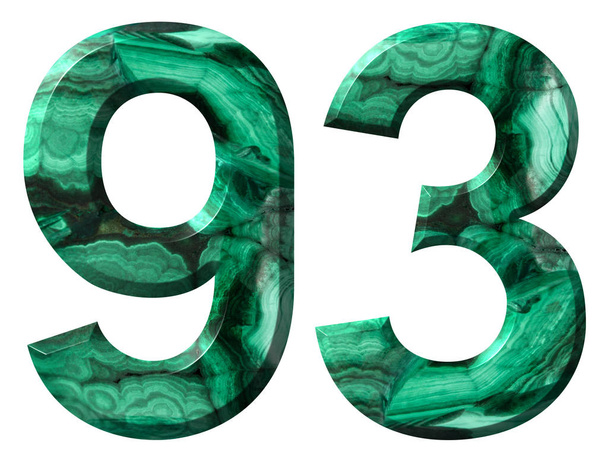 Números arábigos 93, noventa y tres, de malaquita verde natural, aislada sobre fondo blanco
 - Foto, Imagen