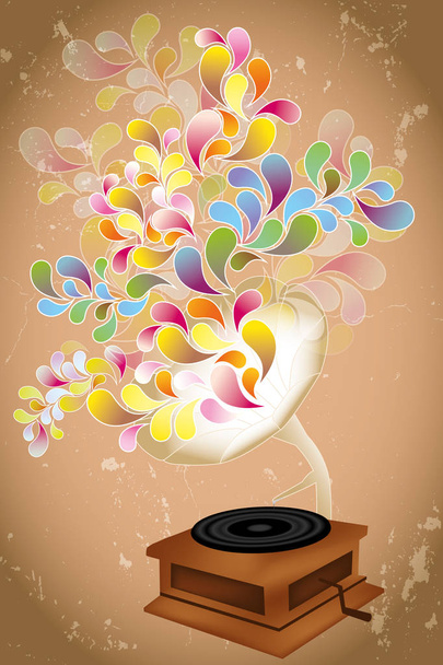 Retro music player plays colorful transparent shapes - abstract illustration on brown vintage background  - Vector, Image