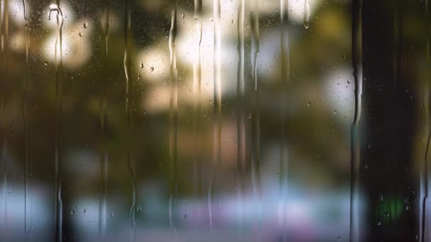 Sfondo astratto con vista attraverso la finestra del caffè in giorno di pioggia sulla strada della città
 - Filmati, video