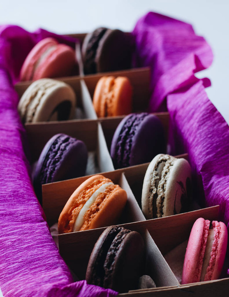 box with delicious bright macaroons, sweet dessert  - Photo, Image
