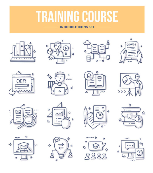 Training course and online education doodle icons collection. E-learning vector hand drawn illustrations for website and printing materials  - Vector, Image