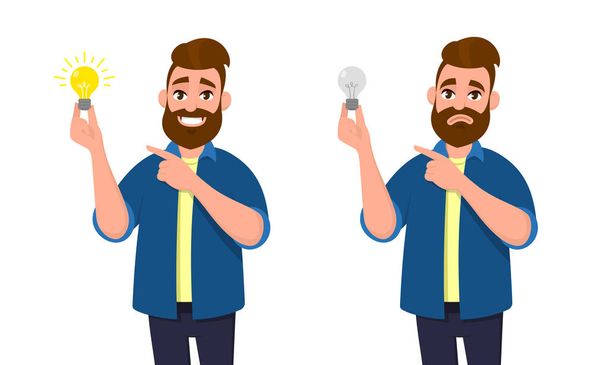 幸せな人は明るい電球を保持し、人差し指を指します。不幸な男の退屈な電球を押しながらそれを指します。アイデア、発明、ベクトル漫画スタイルのイノベーション概念図. - ベクター画像