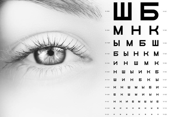 Monochrome photo of human female eye close up, test of human vision, alphabetical diagram, table - Photo, Image