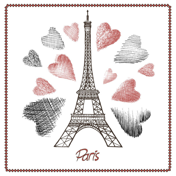 Valentine's Day. Illustration black ink Eiffel Tower. Hand-drawing. Vector decorations isolated on white background. - Vektori, kuva