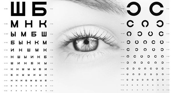 Monochrome photo of human female eye close up, test of human vision, alphabetical diagram, table - Fotografie, Obrázek