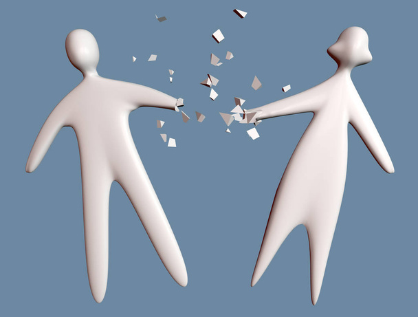 3D render illustratie van echtscheiding paar man en vrouw uit elkaar vallen met gebroken hand commection - Foto, afbeelding
