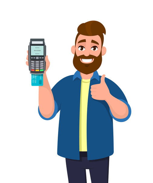 Happy man showing / holding credit / debit card inserted POS terminal payment card swipe machine and gesturing thumbs up sign. Payment, purchase, sale concept illustration in vector cartoon style. - Vector, Image