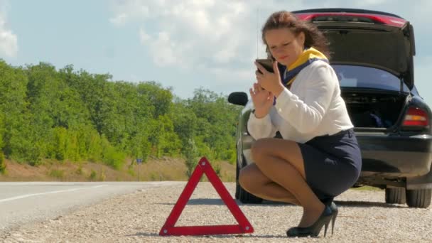vrouw praten over de telefoon naast de gevarendriehoek - Video