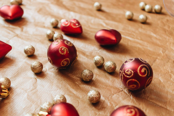 red and golden Christmas balls, festive background  - Foto, immagini
