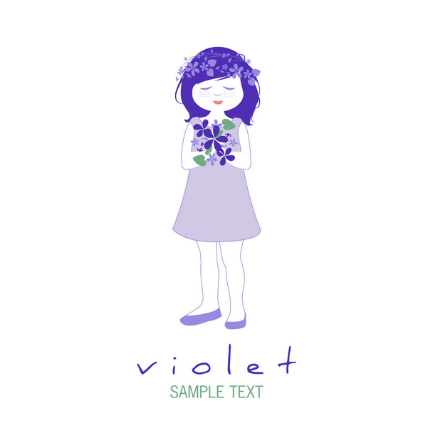 Petite fille avec des guirlandes de fleurs dans ses cheveux tenant un bouquet de violettes sauvages
 - Vecteur, image