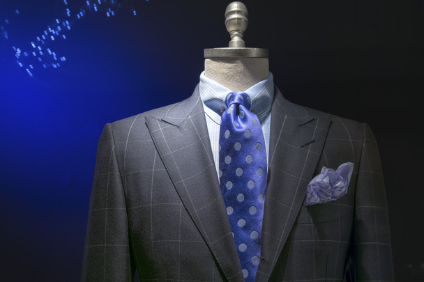 Jaqueta xadrez cinza com camisa xadrez, laço azul dos pontos da polca
 - Foto, Imagem