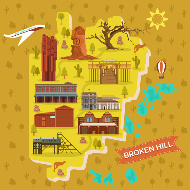 Broken Hills kartta, Australia kuuluisia maamerkkejä
 - Vektori, kuva