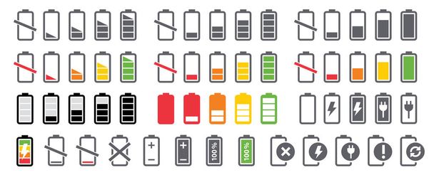 Batterij opladen indicator pictogrammen vector icoon niveau Batterij Energie krachtig vol plezier grappige kracht loopt laag volledige status batterijen set logo Oplaadniveau lege laadbalk Gadgets alkaline tags - Vector, afbeelding
