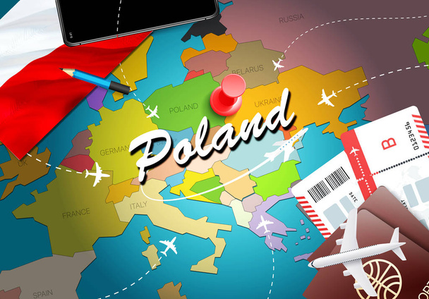 Lengyelország utazás koncepció megjelenítése háttér repülőgépek, a jegyek. Látogasson el Lengyelország utazás és a turizmus rendeltetési koncepció. Lengyelország zászlaja térképen. Repülőgépek és a járatok lengyel ünnepek Varsóba, KRAKÓ - Fotó, kép