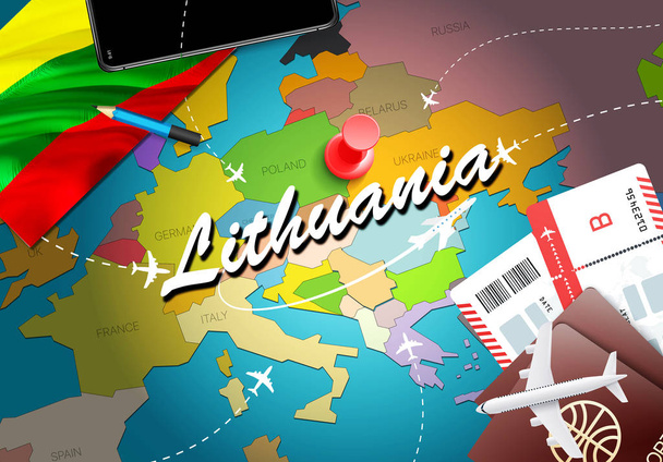 S letadly, lístky, Litva pozadí mapy koncept cestování. Navštivte Litva cestování a cestovního ruchu destinace. Vlajka Litva na mapě. Letadla a lety do litevský svátky do Vilniusu, Kauna - Fotografie, Obrázek