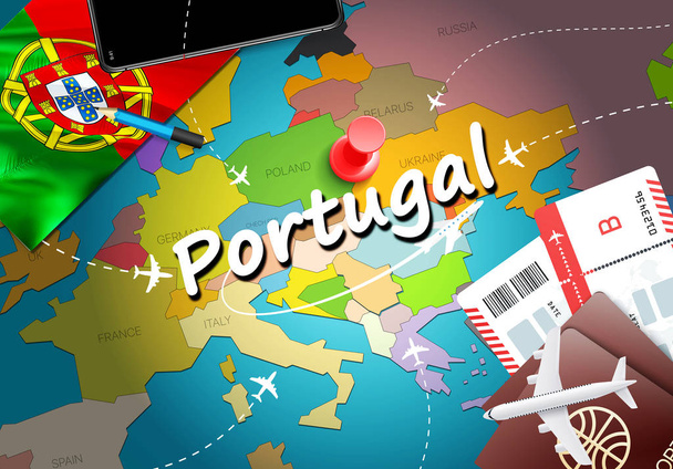 Португалія подорожі концепцію карту фону з літаків, квитки. Відвідайте Португалія подорожі та туризм призначення концепції. Прапор Португалії на карті. Літаків а також польоти до португальського свята в Лісабон, порту - Фото, зображення