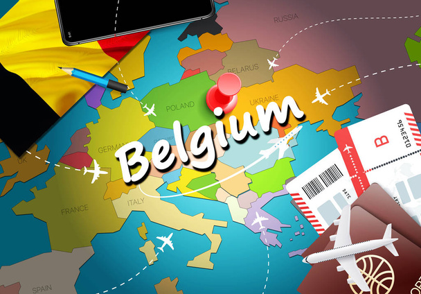 Cestování Belgie koncept pozadí mapy s letadly, lístky. Navštivte Belgie cestování a cestovního ruchu destinace. Belgie vlajka na mapě. Letadla a lety do belgického svátky do Bruselu, Bruge - Fotografie, Obrázek