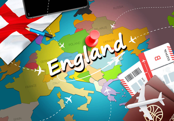 Inglaterra viagem conceito mapa fundo com aviões, bilhetes. Visite Inglaterra viagem e turismo conceito de destino. Bandeira da Inglaterra no mapa. Aviões e voos para Inglês feriados para Inglês, Liverpoo
 - Foto, Imagem