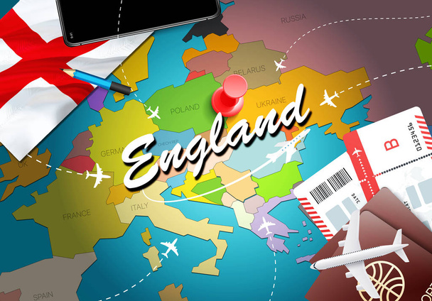 Pozadí mapy Anglie cestování koncept s letadly, lístky. Návštěva Anglie cestování a cestovního ruchu destinace. Anglie vlajka na mapě. Letadla a lety do anglické svátky na angličtinu, Liverpoo - Fotografie, Obrázek