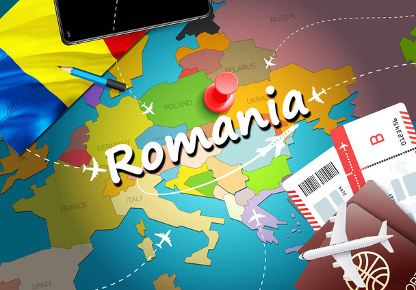 Románia utazási koncepció megjelenítése háttér repülőgépek, a jegyek. Látogasson el a romániai utazás és a turizmus rendeltetési koncepció. Románia zászlaja térképen. Repülőgépek és a járatok román ünnepek-Bukarest, Timisoar - Fotó, kép