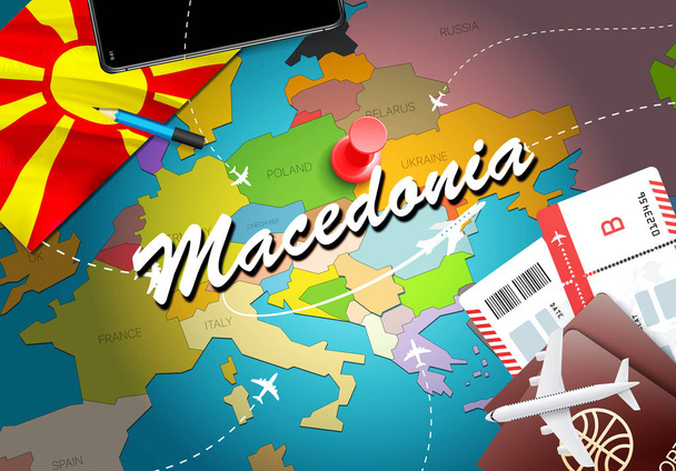 Μακεδονίας ταξίδια έννοια φόντο του χάρτη με αεροπλάνα, εισιτήρια. Επισκεφθείτε την Μακεδονία ταξιδιωτικό και τουριστικό προορισμό έννοια. Σημαία της πΓΔΜ στο χάρτη. Αεροπλάνα και πτήσεις προς πΓΔΜ διακοπές στα Σκόπια, Ohri - Φωτογραφία, εικόνα